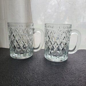 Sebastian Set Of 2 Diamond-Cut Glass Mugs With Handles Clear Vintage Style 4.5"